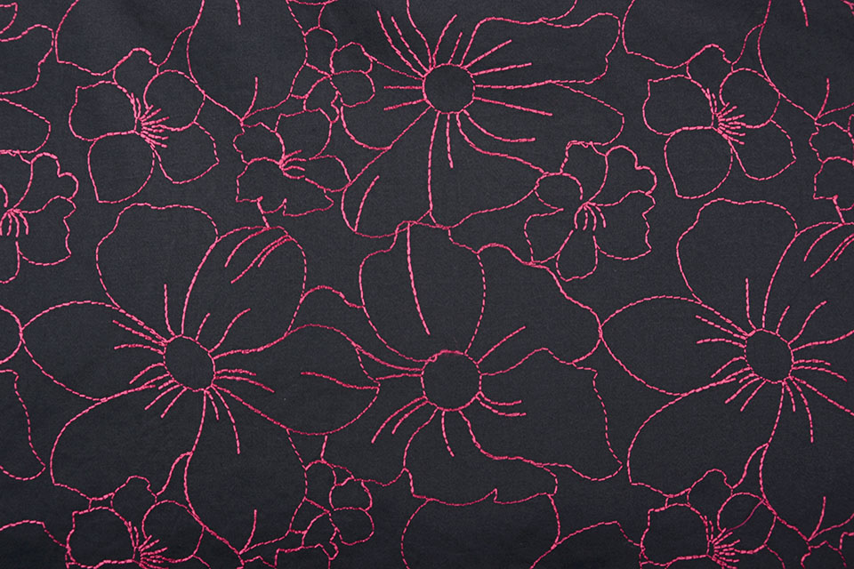 Stretch Cotton Embroidered Flowers Black