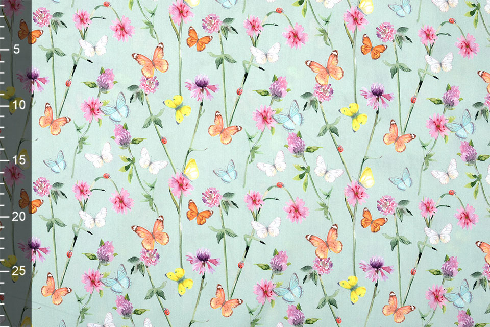 100% Digital Baumwolle Blumen Schmetterlinge Altgrün