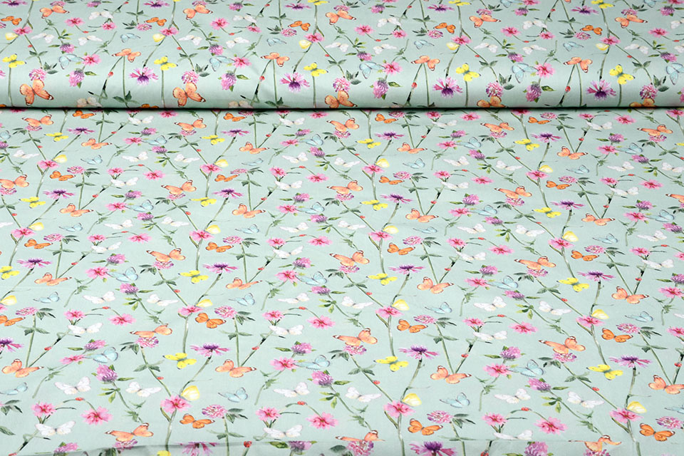 100% Digital Baumwolle Blumen Schmetterlinge Altgrün