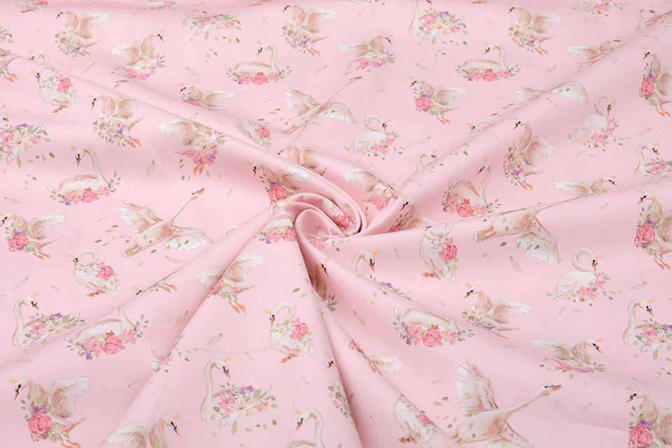 100% Digital Cotton Swans Pink