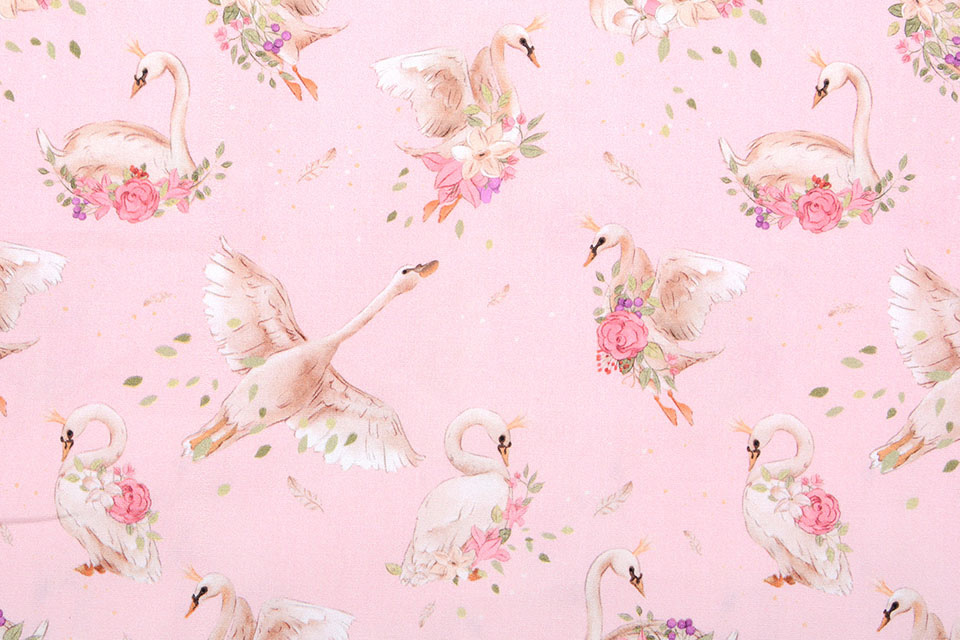 100% Digital Cotton Swans Pink