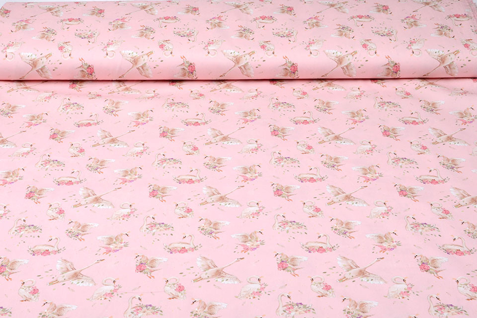 100% Digital Cotton Swans Pink