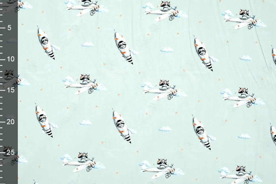 100% Digital Cotton Airplane Rocket Watercolor Old Green