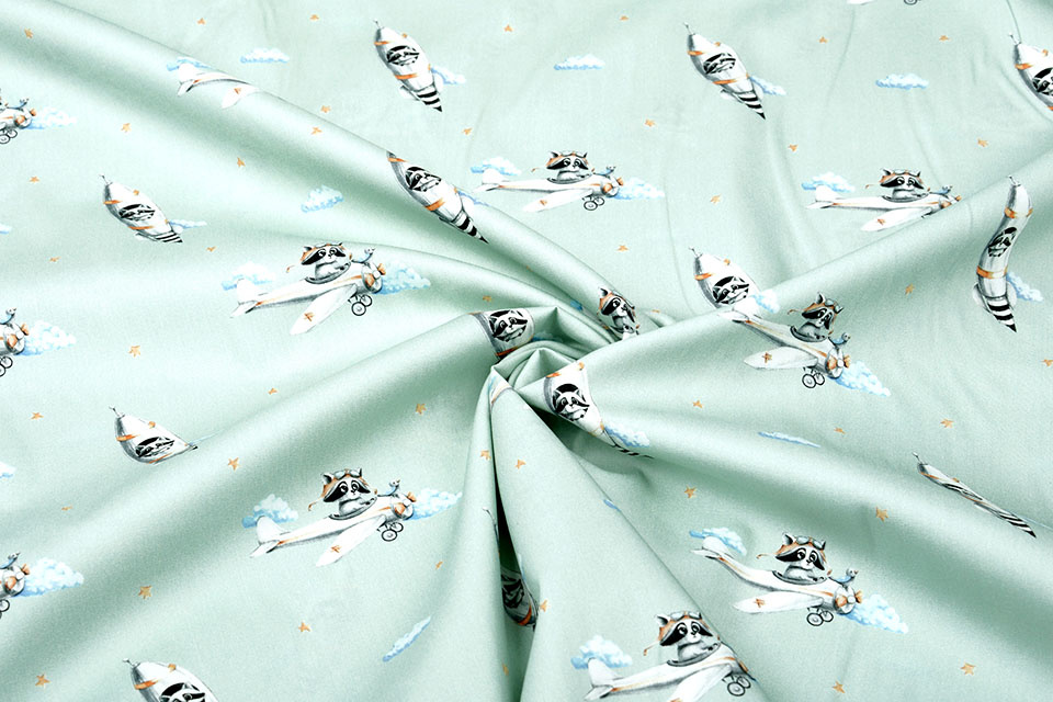 100% Digital Cotton Airplane Rocket Watercolor Old Green