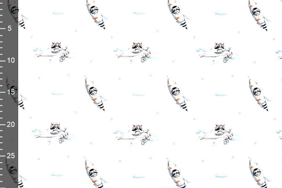 100% Digital Cotton Airplane Rocket Watercolor White