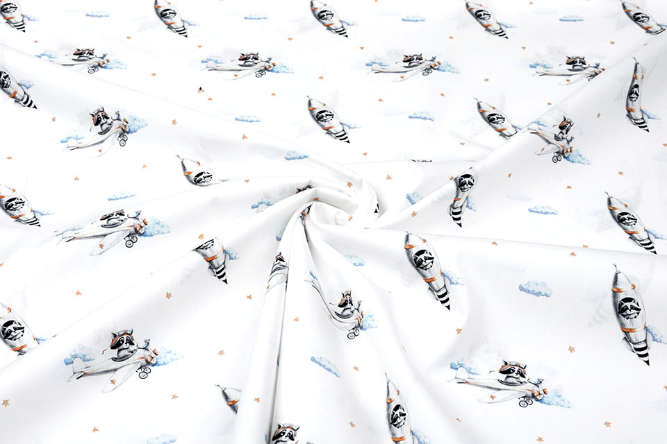 100% Digital Cotton Airplane Rocket Watercolor White