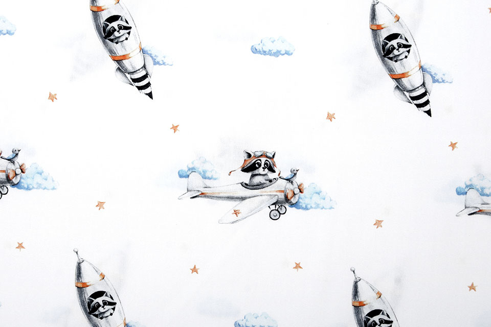 100% Digital Cotton Airplane Rocket Watercolor White
