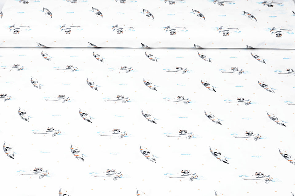100% Digital Cotton Airplane Rocket Watercolor White