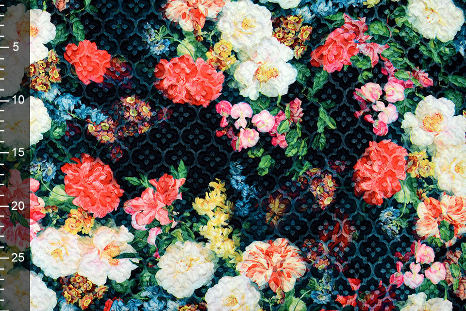 Kapitone Tricot Digitaal Bedrukt Bloemen Zwart