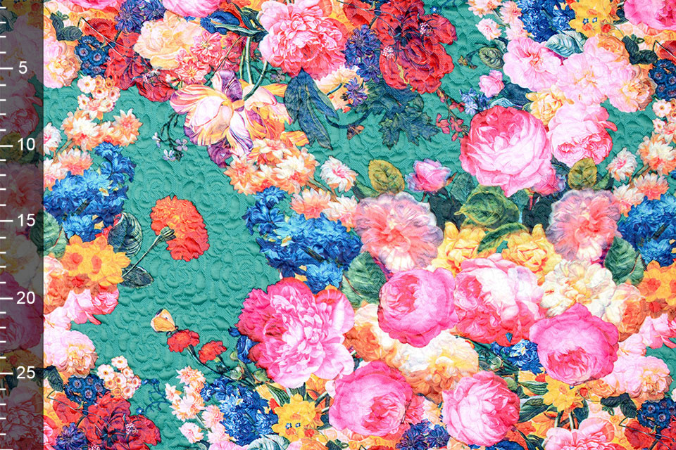 Kapitone Tricot Digitally Printed Roses Sea Green