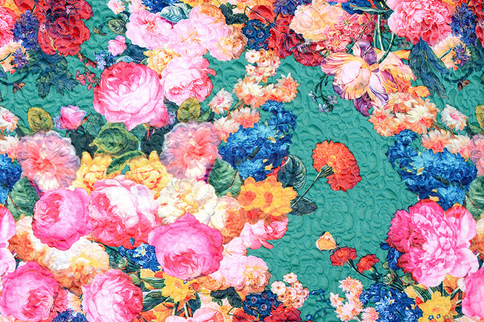 Kapitone Tricot Digitally Printed Roses Sea Green