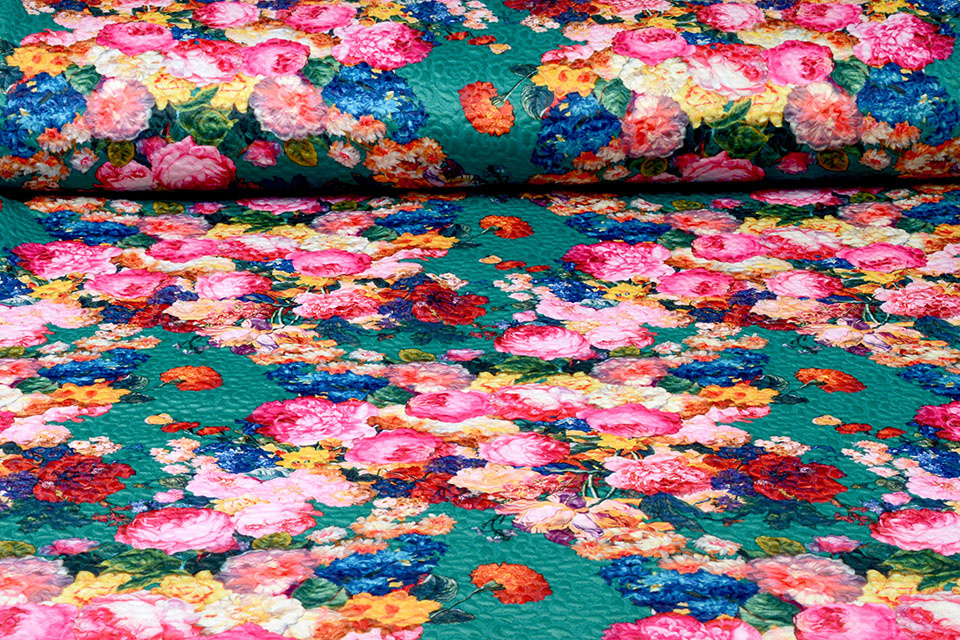 Kapitone Tricot Digitally Printed Roses Sea Green