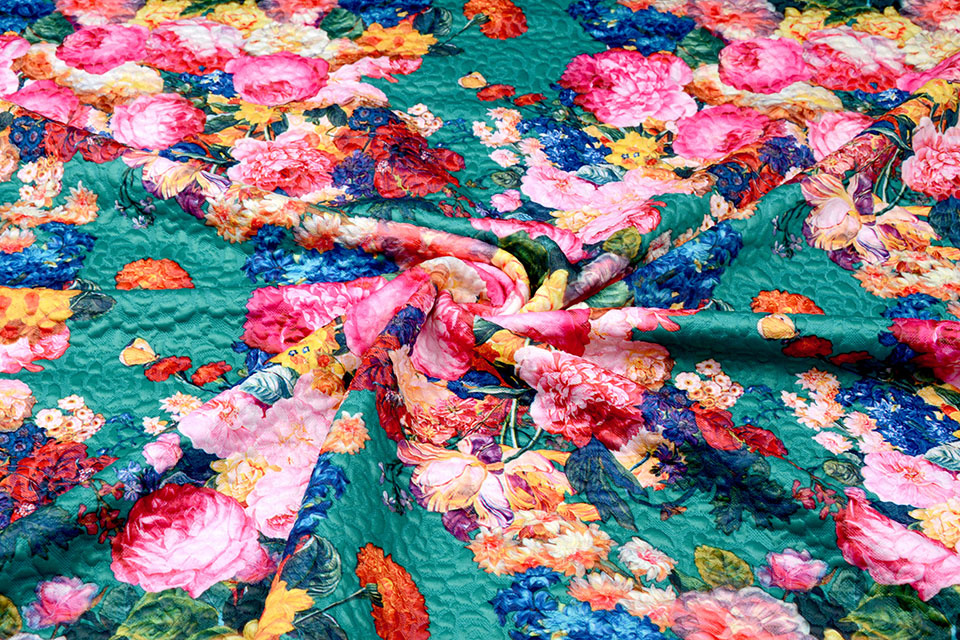 Kapitone Tricot Digitally Printed Roses Sea Green