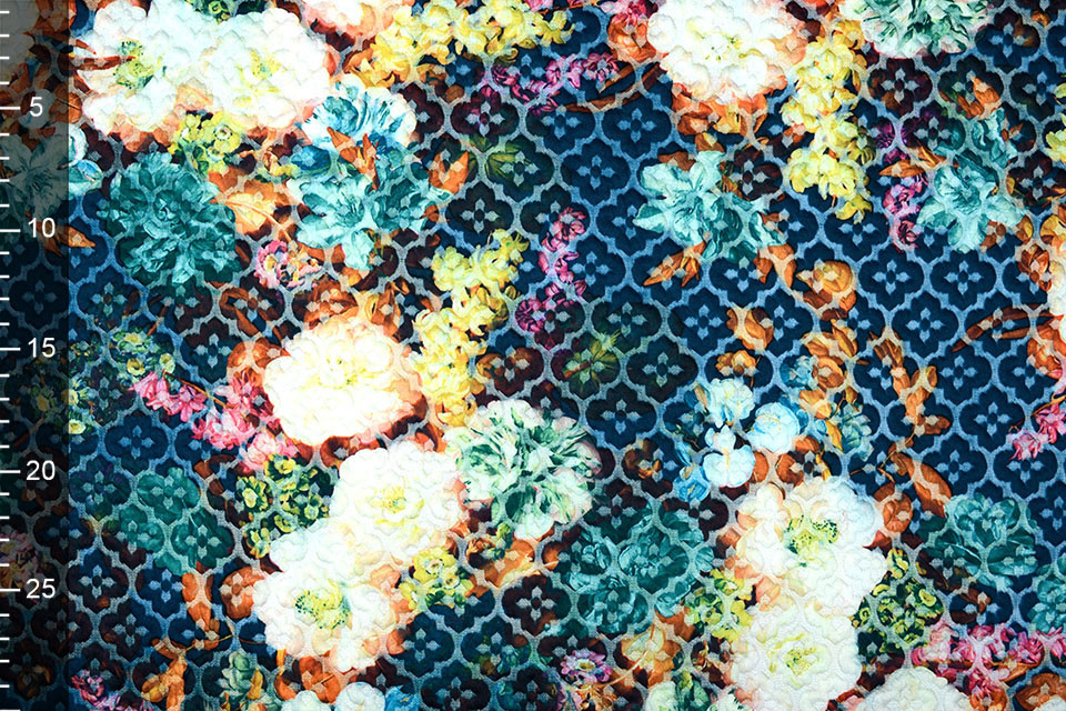 Kapitone Tricot Digitally Printed Flowers Blue