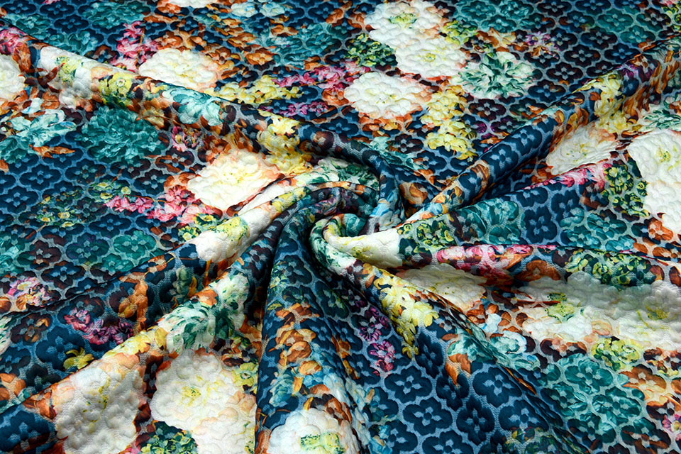 Kapitone Tricot Digitally Printed Flowers Blue