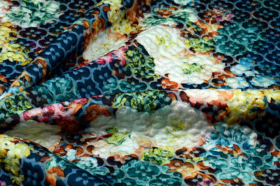 Kapitone Tricot Digitally Printed Flowers Blue
