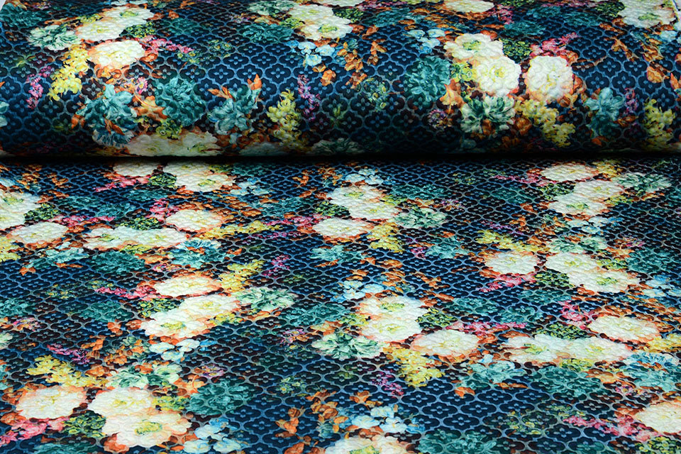 Kapitone Tricot Digitally Printed Flowers Blue
