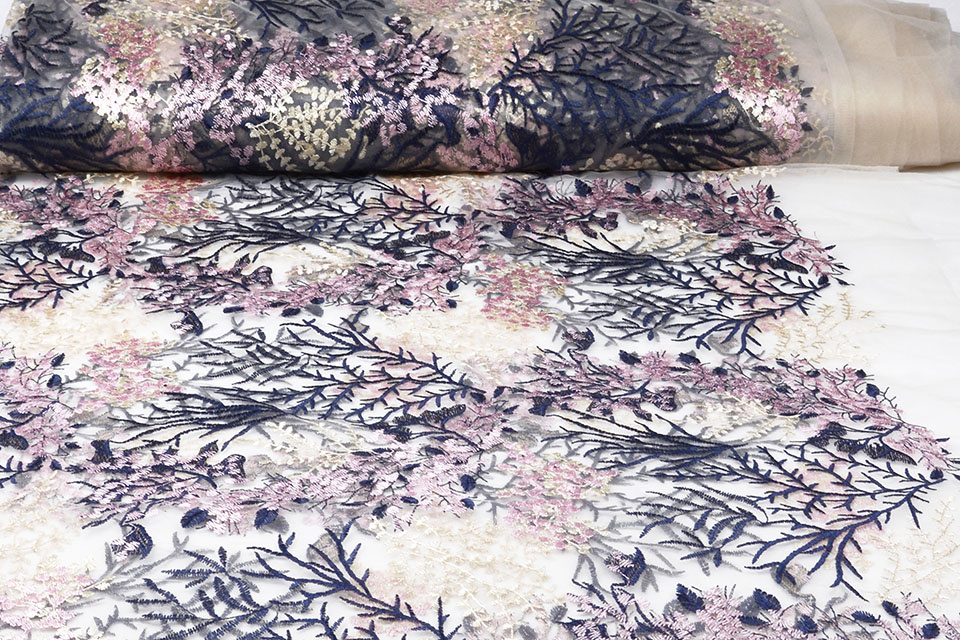 Mesh Embroidered Flors Navy Blue