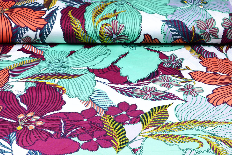 Lycra jersey Simmer Tropical flowers White