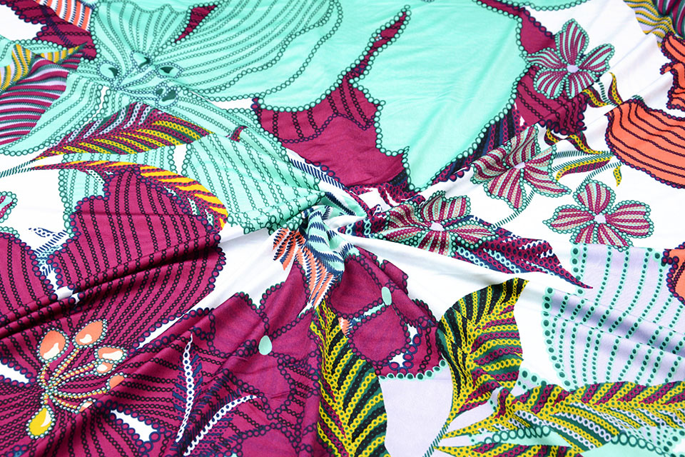 Lycra jersey Simmer Tropical flowers White