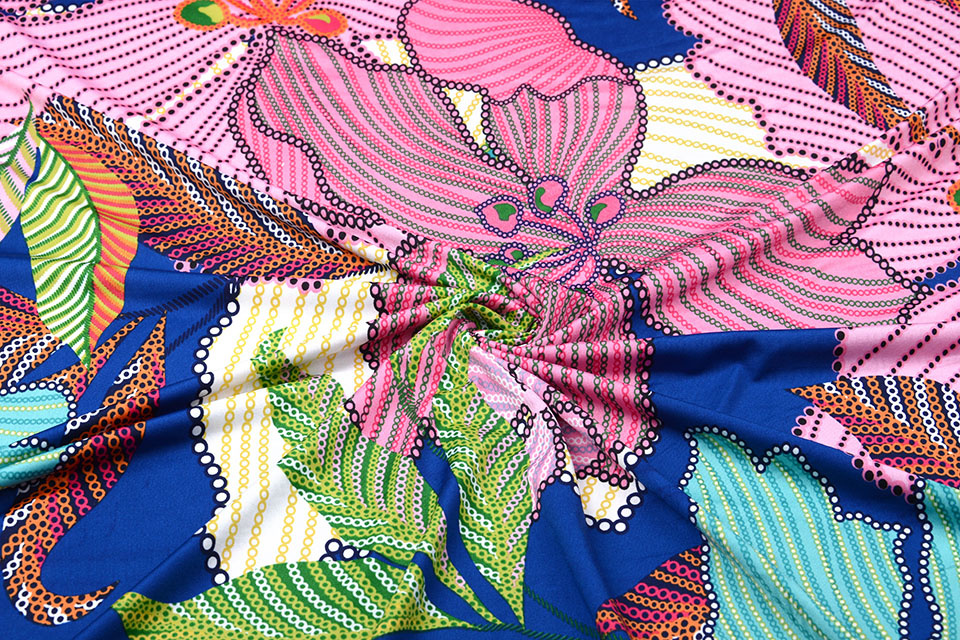 Lycra jersey Simmer Tropical flowers Blue
