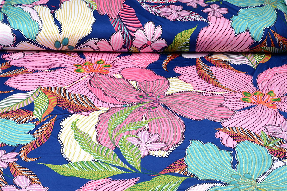 Lycra tricot Simmer Tropische bloemen Blauw