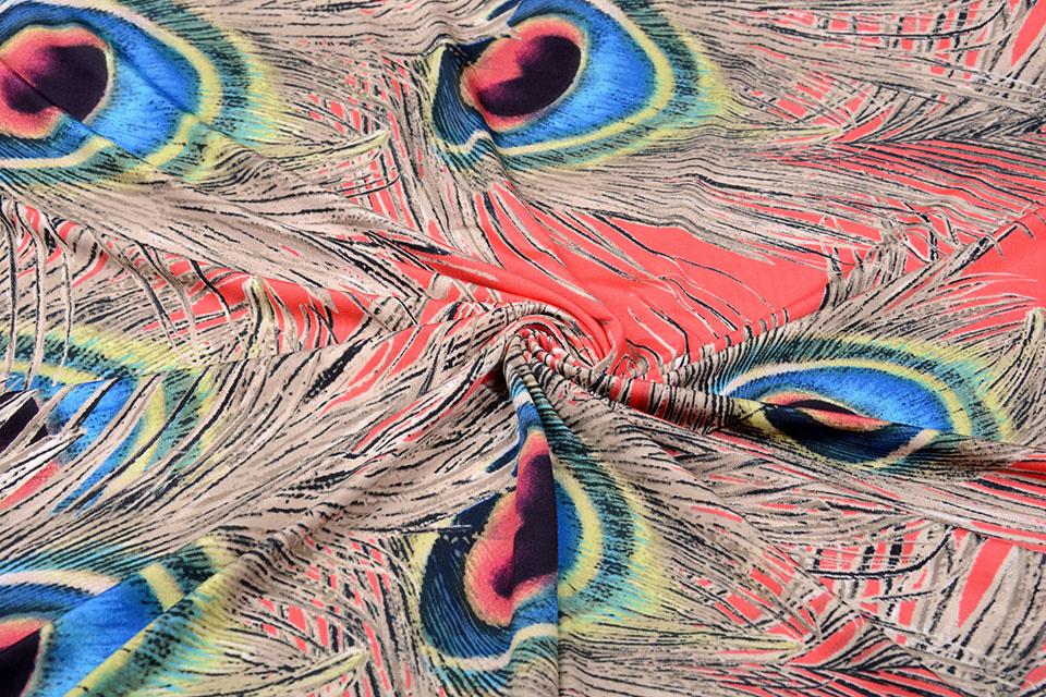 Jersey Lycra Peacock feather Coral