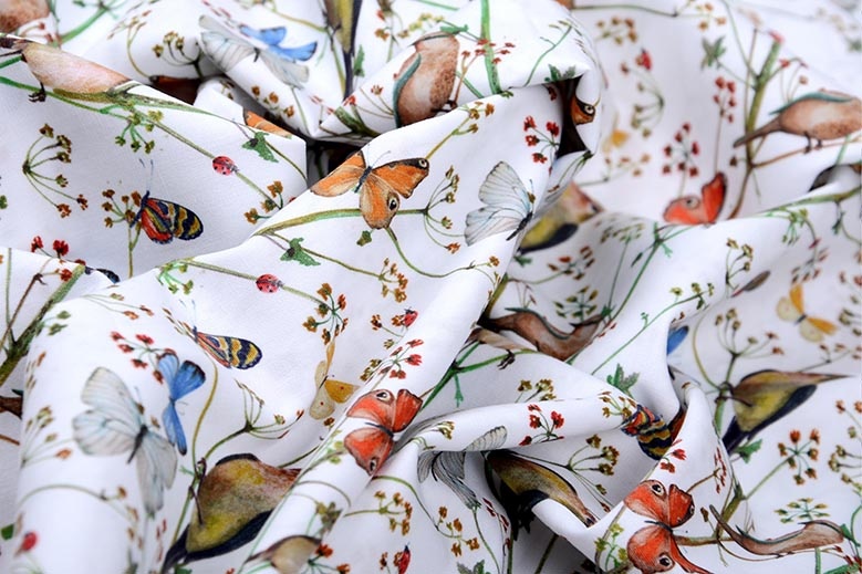 100% Digital Cotton Butterfly garden White