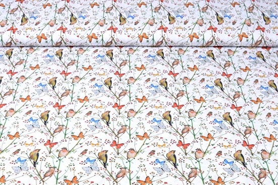 100% Digital Cotton Butterfly garden White