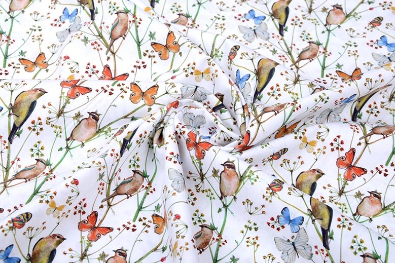 100% Digital Cotton Butterfly garden White