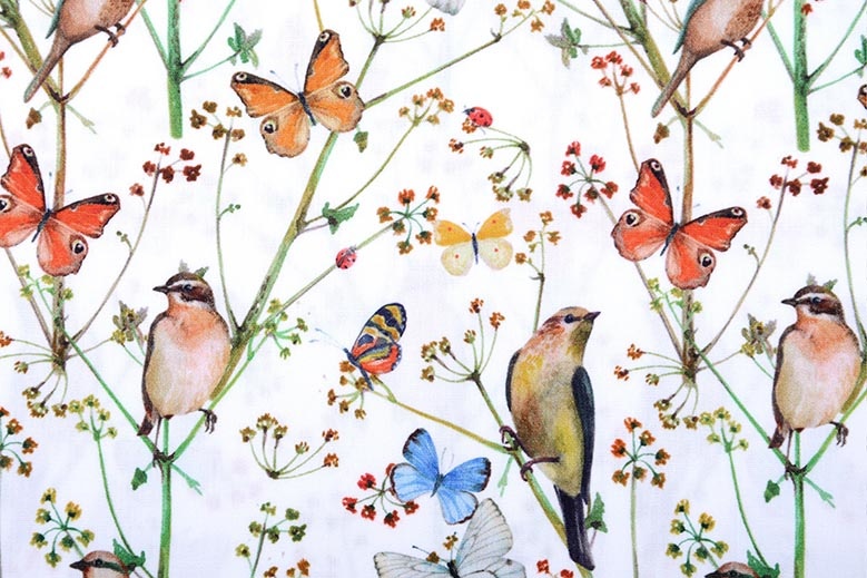 100% Digital Cotton Butterfly garden White