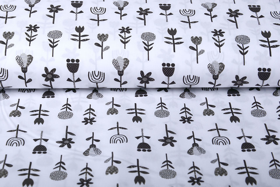 100% Cotton Flowers White Black
