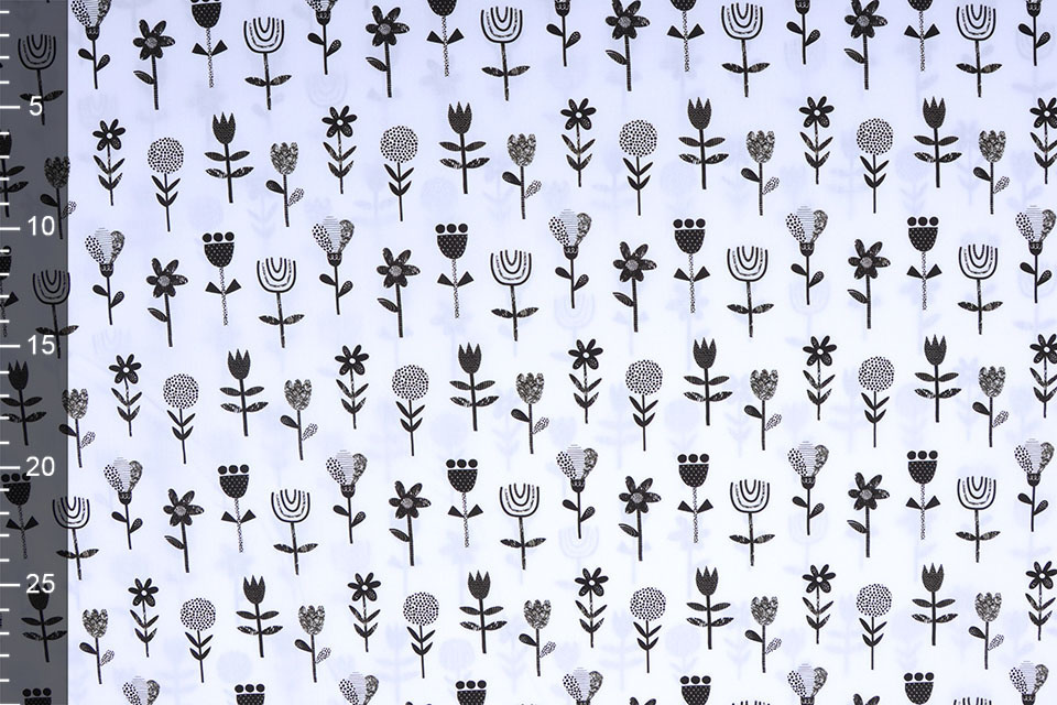 100% Cotton Flowers White Black
