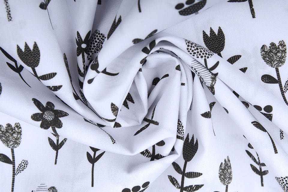 100% Cotton Flowers White Black