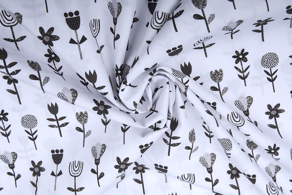 100% Cotton Flowers White Black