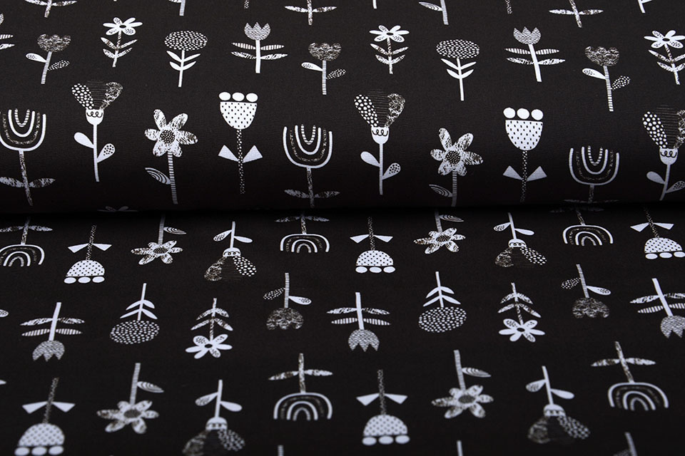 100% Cotton Flowers Black White