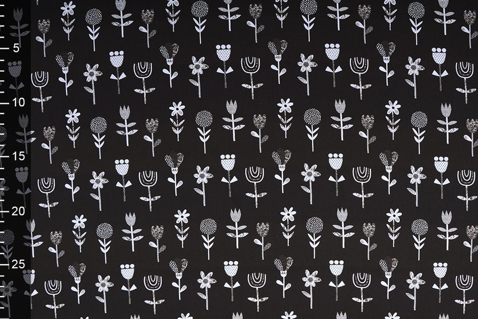 100% Cotton Flowers Black White
