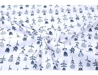 100% Baumwolle Blumen Weiß Marineblau