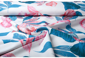 Digitaal Crepe stretch leaves Off-White Blue