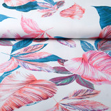 Digitaal Crepe stretch leaves Off-White Blue