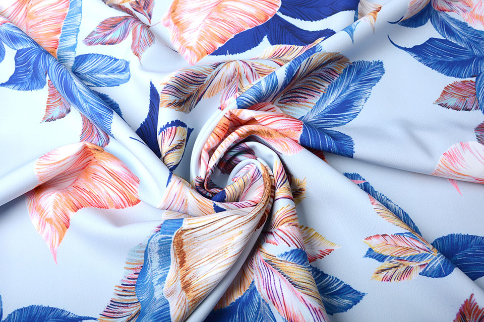 Digitaal Crepe stretch Blätter Indigo