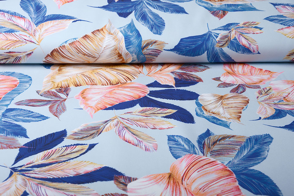 Digitaal Crepe stretch Blätter Indigo