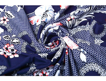 Viskose Jersey Lacquar Bunga Blume Marine Rot