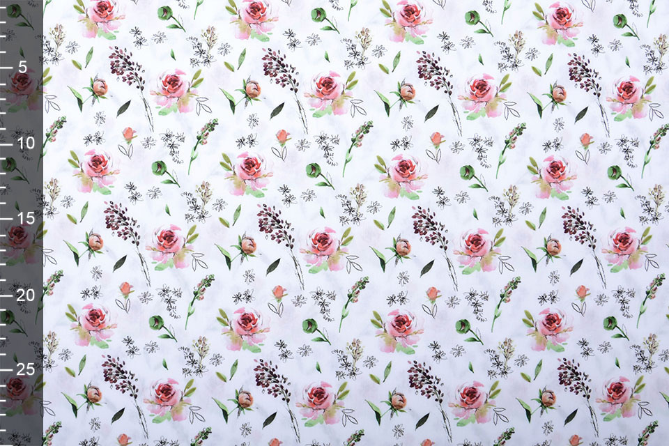 100% Cotton Pink Roses White