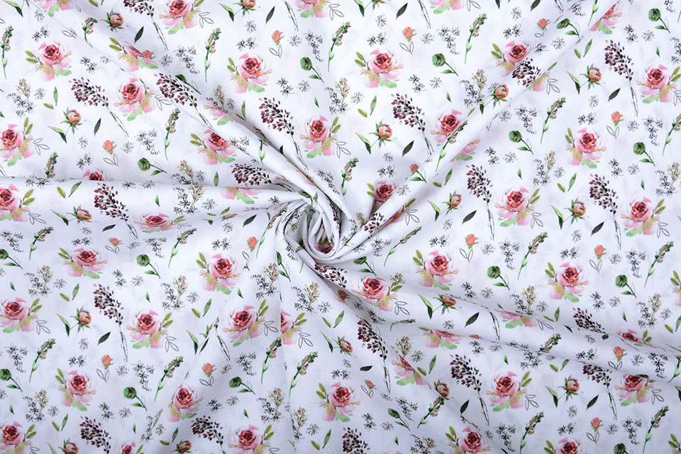 100% Cotton Pink Roses White