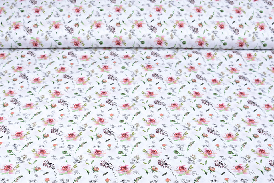 100% Cotton Pink Roses White