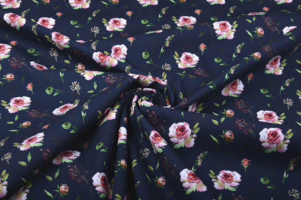 100% Cotton Pink Roses Navy
