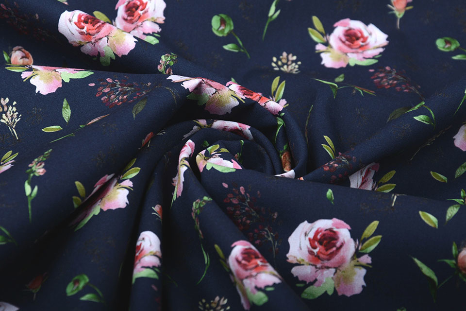 100% Cotton Pink Roses Navy