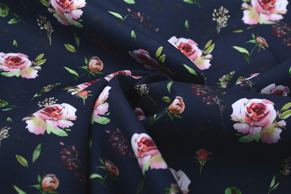 100% Cotton Pink Roses Navy
