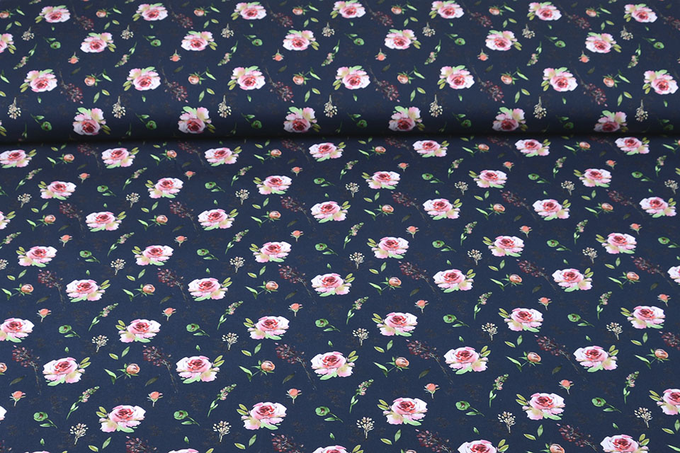 100% Cotton Pink Roses Navy